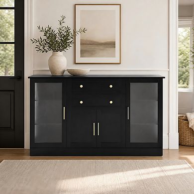 Lufeiya 58.3" Buffet Sideboard with 4 Doors & 2 Drawers, Power Outlet, Acrylic Panels