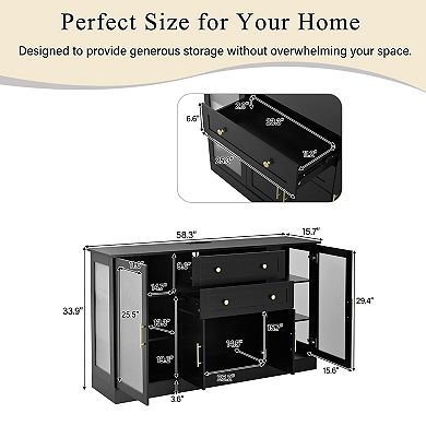 Lufeiya 58.3" Buffet Sideboard with 4 Doors & 2 Drawers, Power Outlet, Acrylic Panels