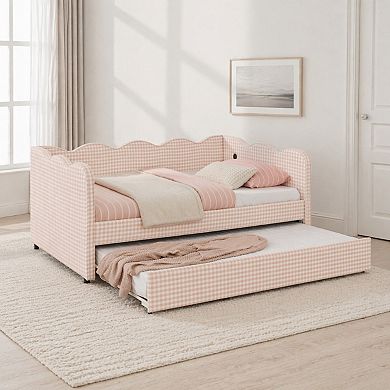 Lufeiya Daybed with Trundle, Twin Size Sofa Bed with USB Port, No Box Spring Needed, Linen Fabric
