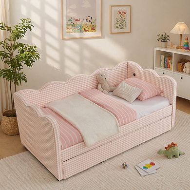Lufeiya Daybed with Trundle, Twin Size Sofa Bed with USB Port, No Box Spring Needed, Linen Fabric