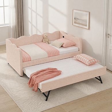 Lufeiya Daybed with Trundle, Twin Size Sofa Bed with USB Port, No Box Spring Needed, Linen Fabric