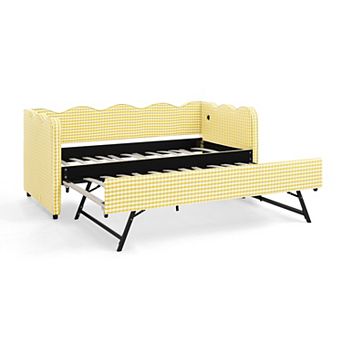 Lufeiya Daybed with Trundle, Twin Size Sofa Bed with USB Port, No Box Spring Needed, Linen Fabric