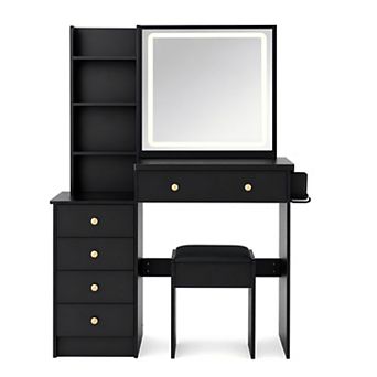Lufeiya 36 Inch Vanity Desk with LED Sliding Mirror and Stool, Power Outlet, Hair Dryer Holder