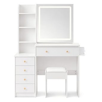 Lufeiya 36 Inch Vanity Desk with LED Sliding Mirror and Stool, Power Outlet, Hair Dryer Holder