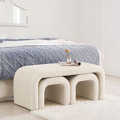 Heybly Set of 3 U-Shaped Teddy Ottoman Bench Set, 44 Inch Entryway Bench with 2 Small Footstools
