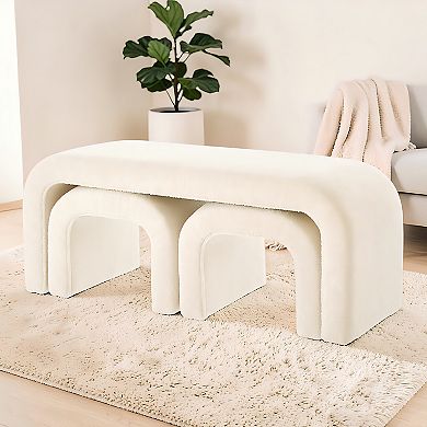 Heybly Set of 3 U-Shaped Teddy Ottoman Bench Set, 44 Inch Entryway Bench with 2 Small Footstools