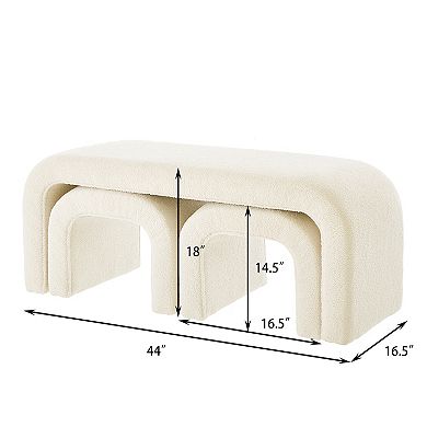 Heybly Set of 3 U-Shaped Teddy Ottoman Bench Set, 44 Inch Entryway Bench with 2 Small Footstools