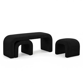 Heybly Set of 3 U-Shaped Teddy Ottoman Bench Set, 44 Inch Entryway Bench with 2 Small Footstools