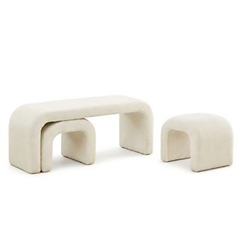 Heybly Set of 3 U-Shaped Teddy Ottoman Bench Set, 44 Inch Entryway Bench with 2 Small Footstools