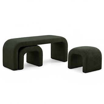Heybly Set of 3 U-Shaped Teddy Ottoman Bench Set, 44 Inch Entryway Bench with 2 Small Footstools