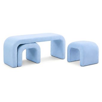 Heybly Set of 3 U-Shaped Teddy Ottoman Bench Set, 44 Inch Entryway Bench with 2 Small Footstools