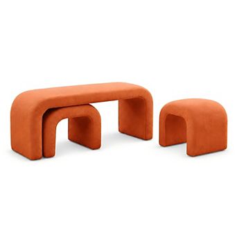 Heybly Set of 3 U-Shaped Teddy Ottoman Bench Set, 44 Inch Entryway Bench with 2 Small Footstools