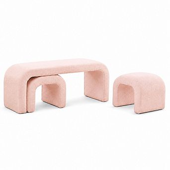 Heybly Set of 3 U-Shaped Teddy Ottoman Bench Set, 44 Inch Entryway Bench with 2 Small Footstools