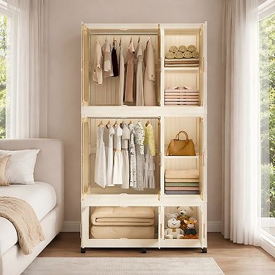 Lufeiya Wardrobe Closet Storage Organizer, 9 Magnetic Doors, 9 Cubes, 2 Hanging Rods