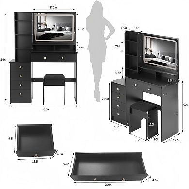 Lufeiya 40 Inch Vanity Desk with LED Mirror and Stool Large Makeup Table with Storage Shelves
