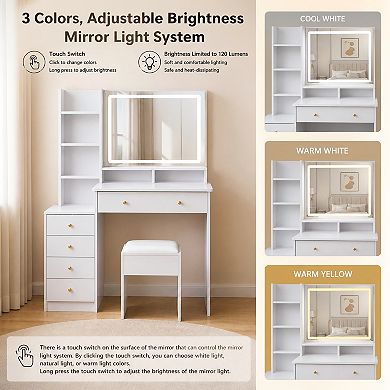 Lufeiya 40 Inch Vanity Desk with LED Mirror and Stool Large Makeup Table with Storage Shelves