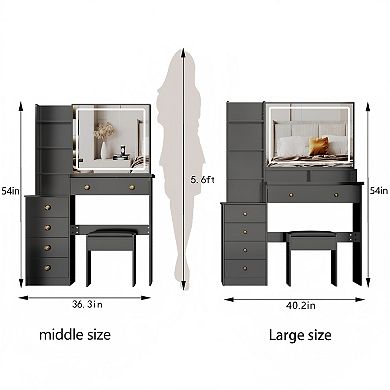 Lufeiya 40 Inch Vanity Desk with LED Mirror and Stool Large Makeup Table with Storage Shelves