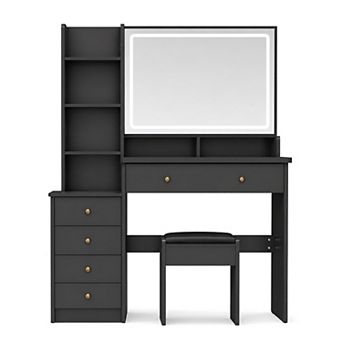 Lufeiya 40 Inch Vanity Desk with LED Mirror and Stool Large Makeup Table with Storage Shelves