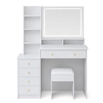 Lufeiya 40 Inch Vanity Desk with LED Mirror and Stool Large Makeup Table with Storage Shelves