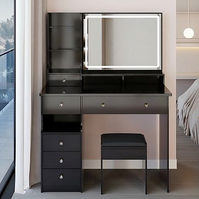 Lufeiya Modern 40 Inch Vanity Desk with LED Mirror and Stool Large Makeup Table with Drawers