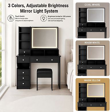 Lufeiya Modern 40 Inch Vanity Desk with LED Mirror and Stool Large Makeup Table with Drawers