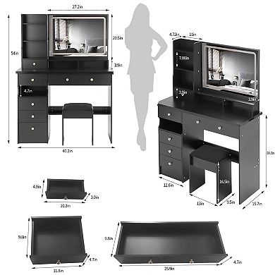 Lufeiya Modern 40 Inch Vanity Desk with LED Mirror and Stool Large Makeup Table with Drawers