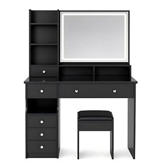 Lufeiya Modern 40 Inch Vanity Desk with LED Mirror and Stool Large Makeup Table with Drawers