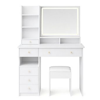 Lufeiya Modern 40 Inch Vanity Desk with LED Mirror and Stool Large Makeup Table with Drawers