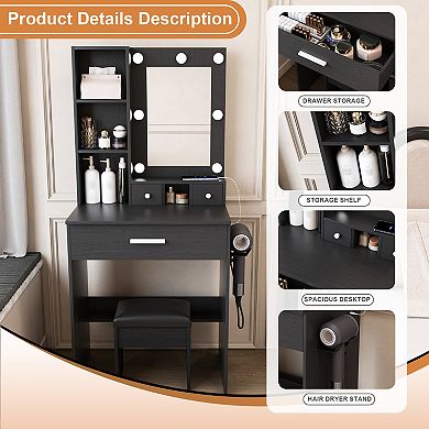 Lufeiya Vanity Table with Mirror and LED Lights, Power Outlet, Hair Dryer Holder, Drawer Storage