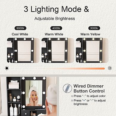 Lufeiya Vanity Table with Mirror and LED Lights, Power Outlet, Hair Dryer Holder, Drawer Storage