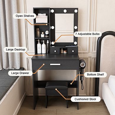 Lufeiya Vanity Table with Mirror and LED Lights, Power Outlet, Hair Dryer Holder, Drawer Storage