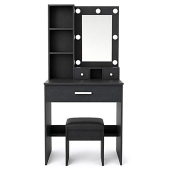 Lufeiya Vanity Table with Mirror and LED Lights, Power Outlet, Hair Dryer Holder, Drawer Storage