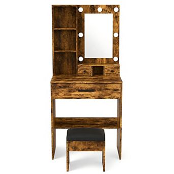 Lufeiya Vanity Table with Mirror and LED Lights, Power Outlet, Hair Dryer Holder, Drawer Storage