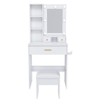 Lufeiya Vanity Table with Mirror and LED Lights, Power Outlet, Hair Dryer Holder, Drawer Storage