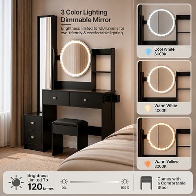 Lufeiya Vanity Desk Set with Full Length Mirror Cabinet LED Round Mirror and Stool, Power Outlet