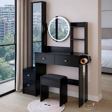 Lufeiya Vanity Desk Set with Full Length Mirror Cabinet LED Round Mirror and Stool, Power Outlet