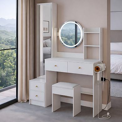 Lufeiya Vanity Desk Set with Full Length Mirror Cabinet LED Round Mirror and Stool, Power Outlet