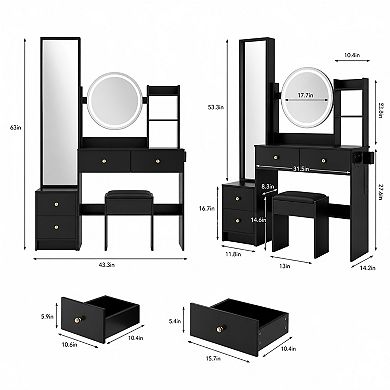 Lufeiya Vanity Desk Set with Full Length Mirror Cabinet LED Round Mirror and Stool, Power Outlet