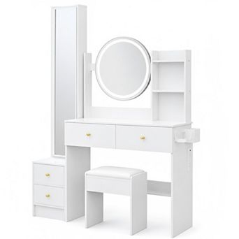 Lufeiya Vanity Desk Set with Full Length Mirror Cabinet LED Round Mirror and Stool, Power Outlet