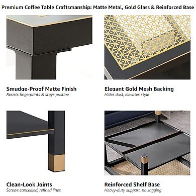 Heybly Square 27.6" Coffee Table, Steel Frame & Gold Mesh Glass Top