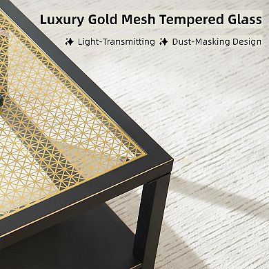 Heybly Square 27.6" Coffee Table, Steel Frame & Gold Mesh Glass Top