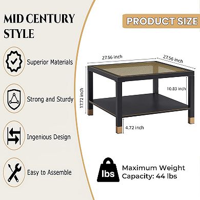 Heybly Square 27.6" Coffee Table, Steel Frame & Gold Mesh Glass Top