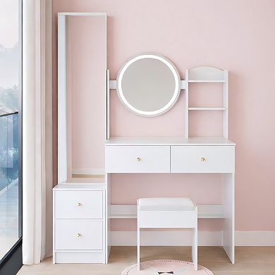 Lufeiya 43 Inch Vanity Desk Set with Full Length Mirror Cabinet and LED Round Mirror with Stool