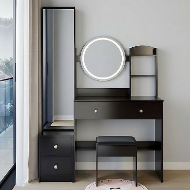 Lufeiya 43 Inch Vanity Desk Set with Full Length Mirror Cabinet and LED Round Mirror with Stool