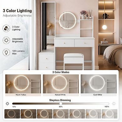 Lufeiya 43 Inch Vanity Desk Set with Full Length Mirror Cabinet and LED Round Mirror with Stool