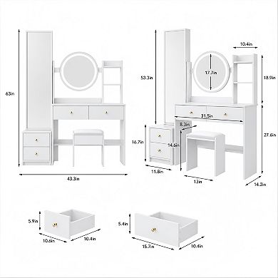 Lufeiya 43 Inch Vanity Desk Set with Full Length Mirror Cabinet and LED Round Mirror with Stool
