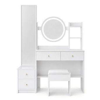 Lufeiya 43 Inch Vanity Desk Set with Full Length Mirror Cabinet and LED Round Mirror with Stool