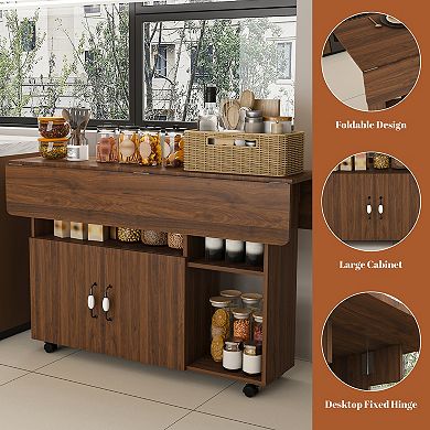 Heybly 47" Folding Dining Table with Storage Shelves and Wheels for Kitchen