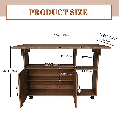 Heybly 47" Folding Dining Table with Storage Shelves and Wheels for Kitchen