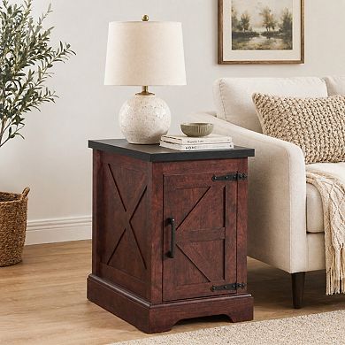 Heybly End Table with Barn Door, Adjustable Storage Shelf, Side Table for Living Room